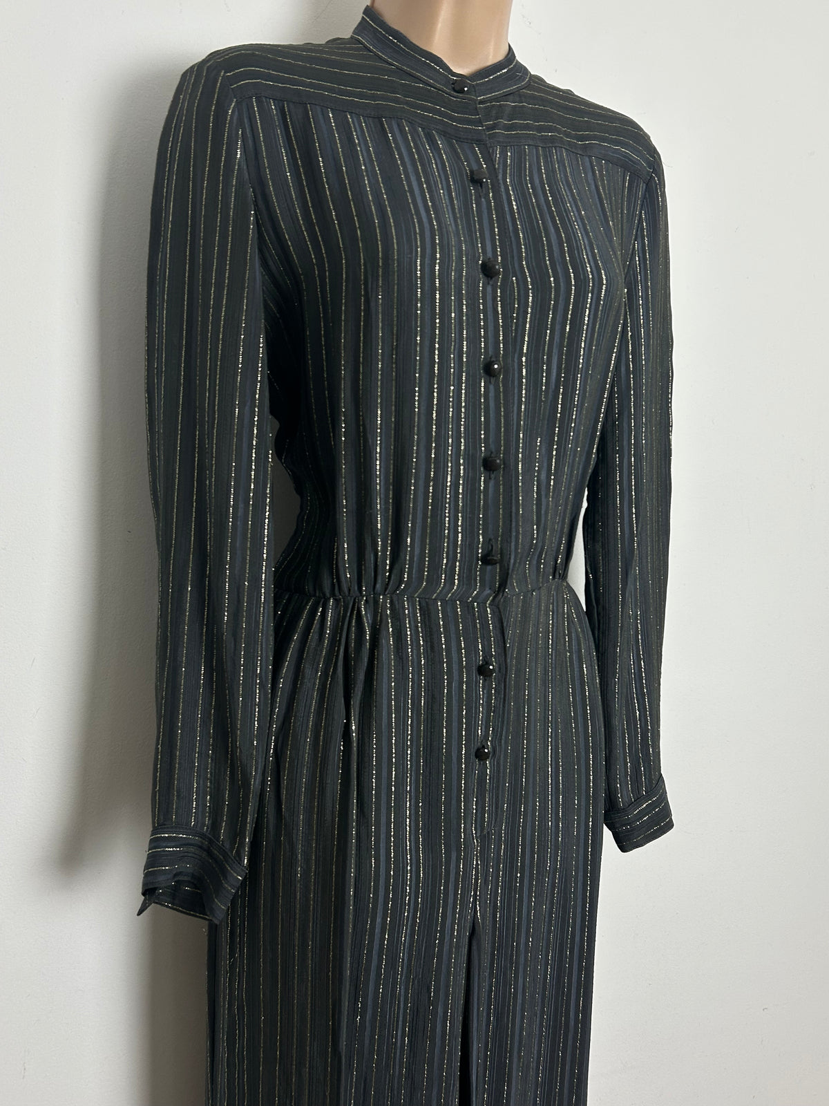 Vintage 1980s COUNTRY CASUALS Size 10 Dark Grey & Gold Pinstripe Long Sleeve Jumpsuit