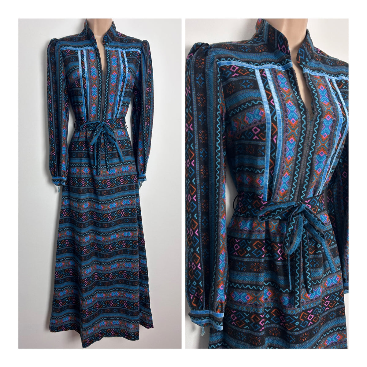 Vintage 1970s Size 8 Black Teal Rust & Pink Geo Print Velvet Ribbon Trim Belted Cotton Maxi Dress