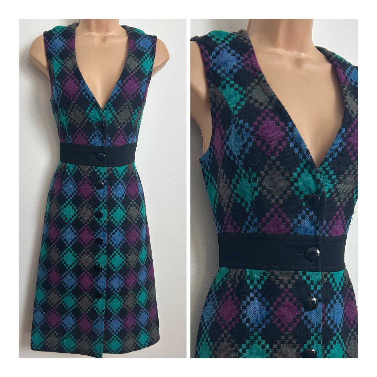 Vintage Late 1960s WINDSMOOR Size 10 Black Blue & Purple Diamond Check Button Through Woven Day Dress