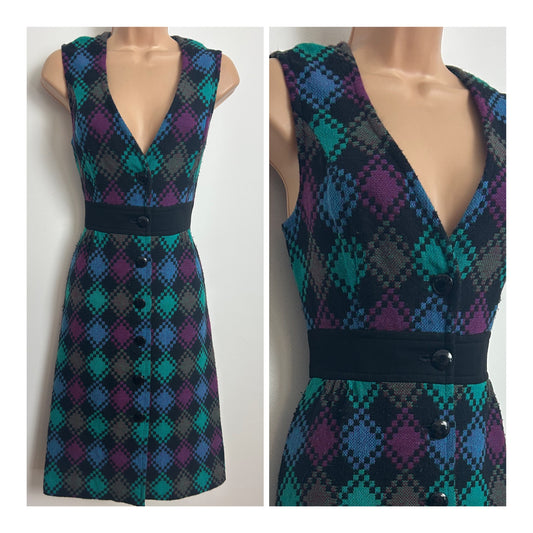 Vintage Late 1960s WINDSMOOR Size 10 Black Blue & Purple Diamond Check Button Through Woven Day Dress