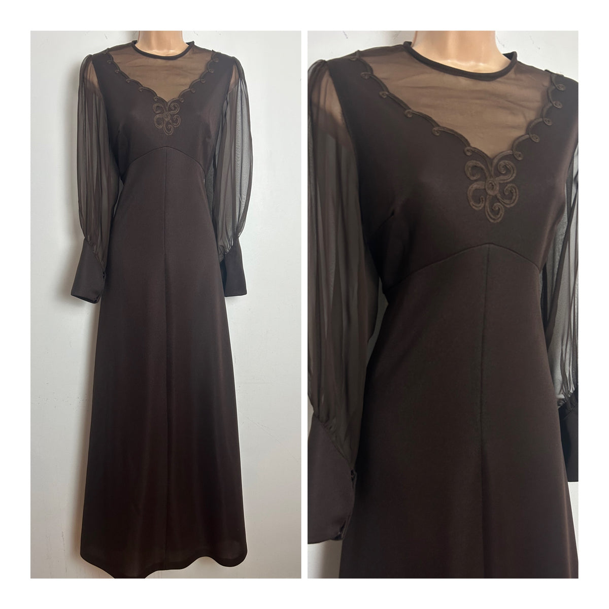 Vintage 1970s Size 10 Chocolate Brown Illusion Neck Long Sleeve Occasion Maxi Dress