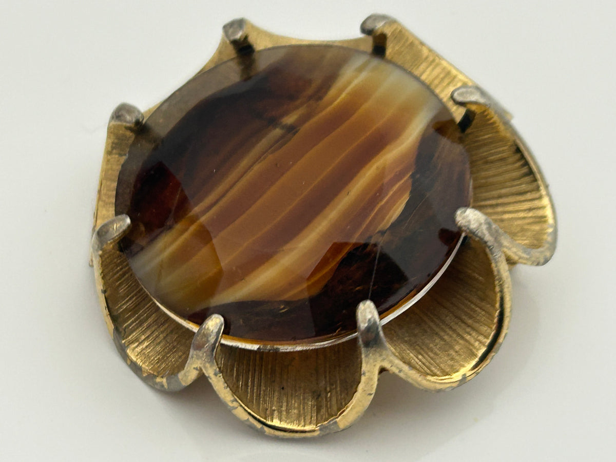 Vintage 1960s Large Celtic Scottish Gold Tone Brown Banded Glass Brooch