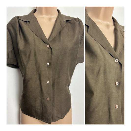 Vintage Size 10 Brown Short Sleeve 100% Pure Silk Boxy Oversize Blouse/Shirt