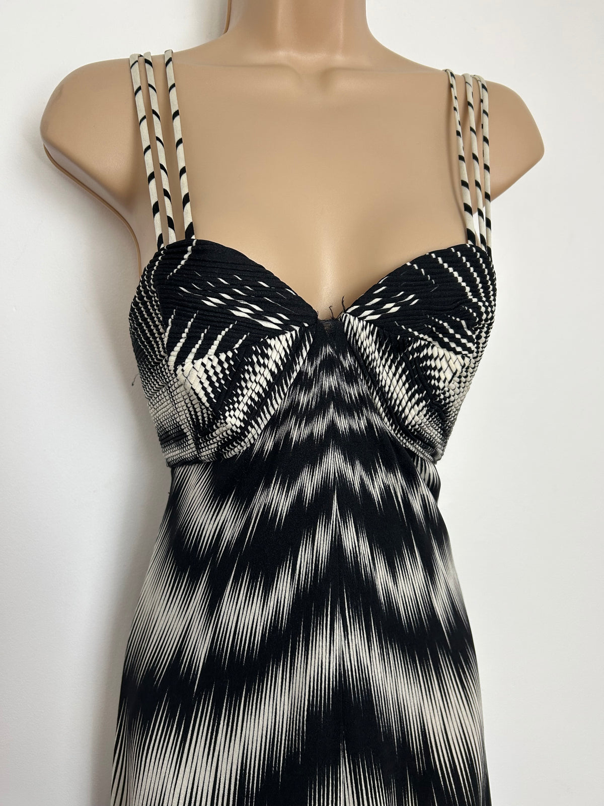 Vintage Late 1970s Size 10 Black & White Op Art Print Triple Strap Empire Line Occasion Maxi Dress