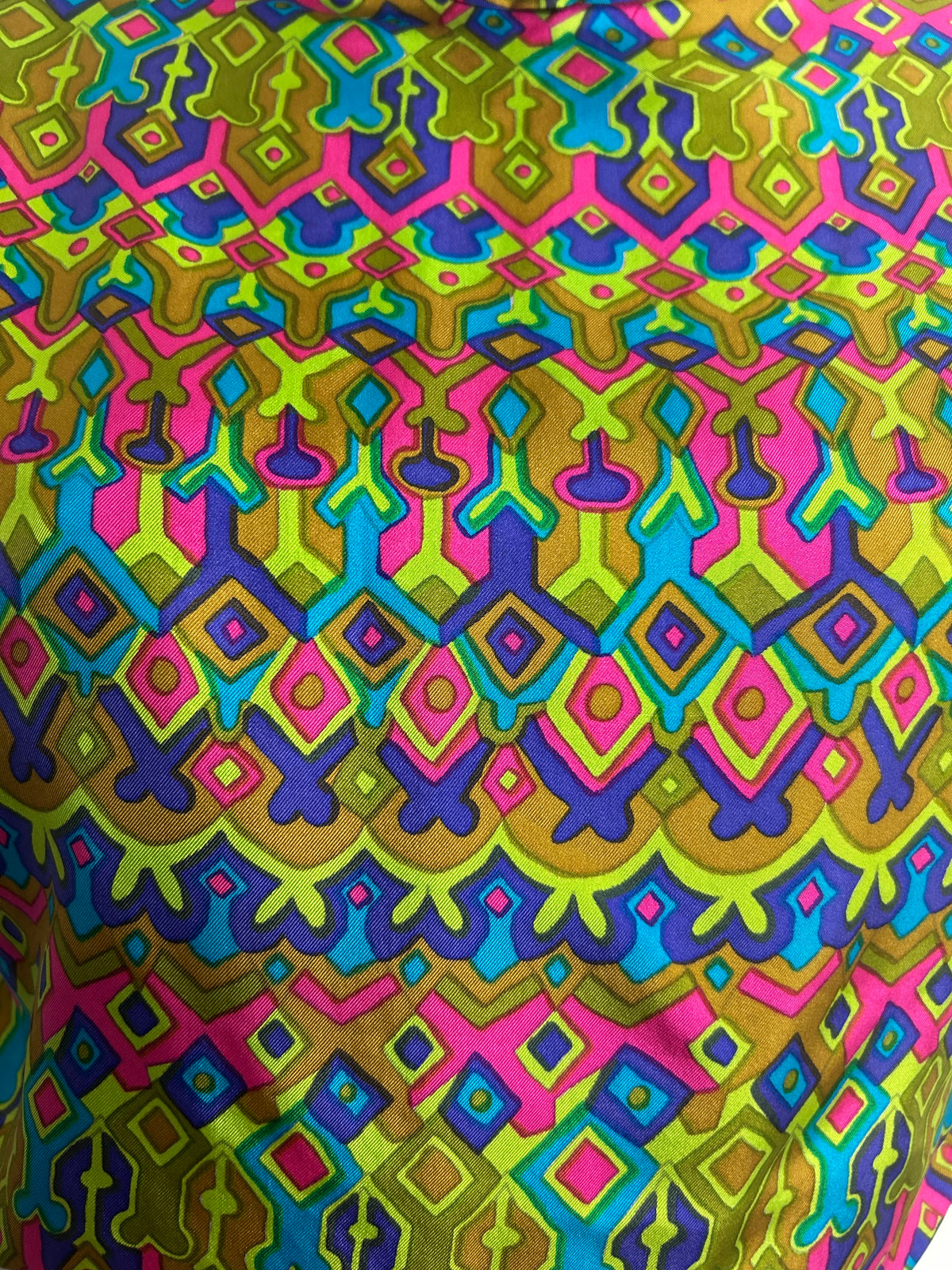 Vintage 1960s Size 10 Green Pink Purple & Tan Brown Abstract Print SILK Belted Mod Dress