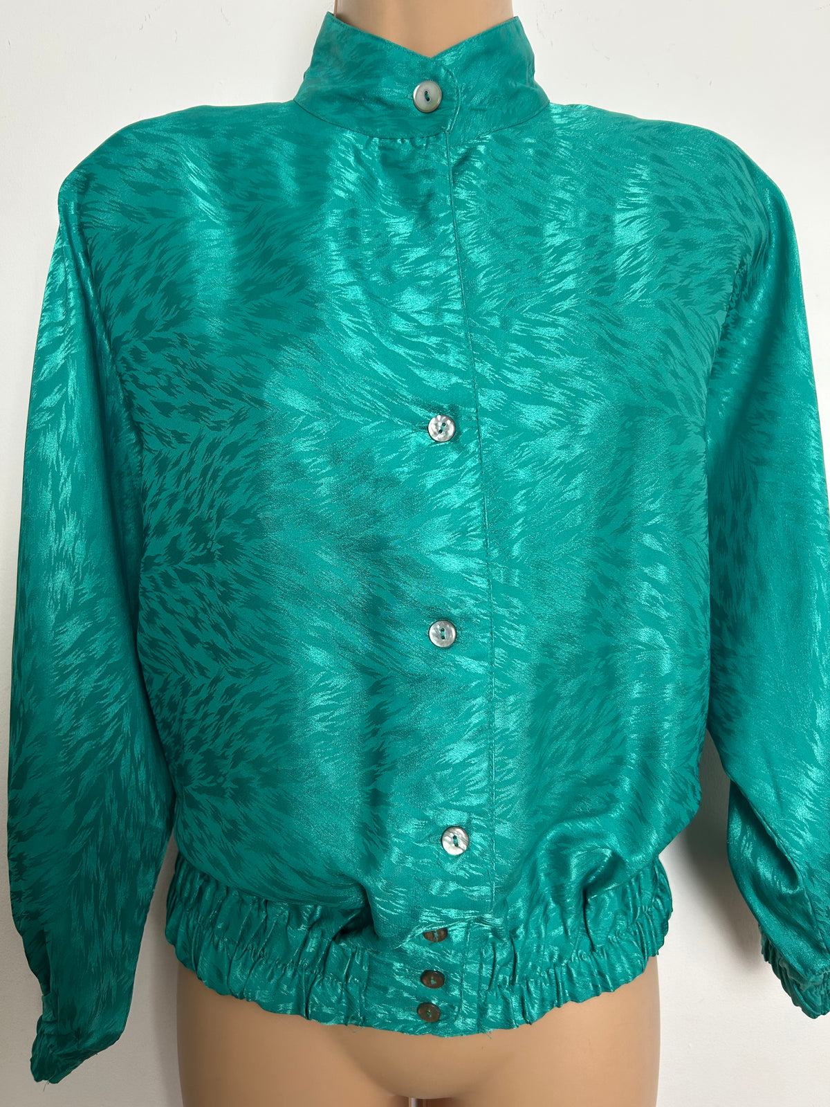 Vintage 1980s MARCO PECCI Size 14-16 Jade Green Animal Print Patterned Bat Wing Blouse