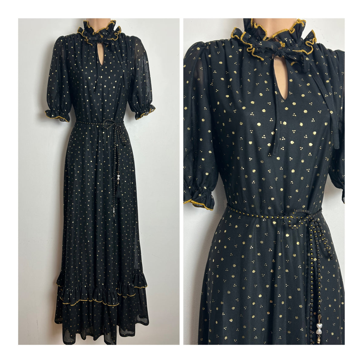 Vintage 1970s Size 10 Black & Metallic Gold Spot Print Belted Prairie Evening Maxi Dress