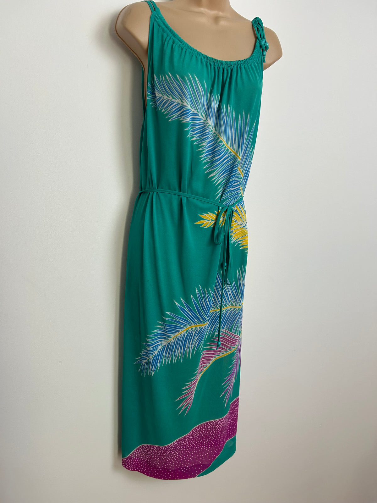 Vintage Early 1980s FURSTENBERG Size 12 Jade Green Blue Yellow & Pink Leaf Print Belted Sundress