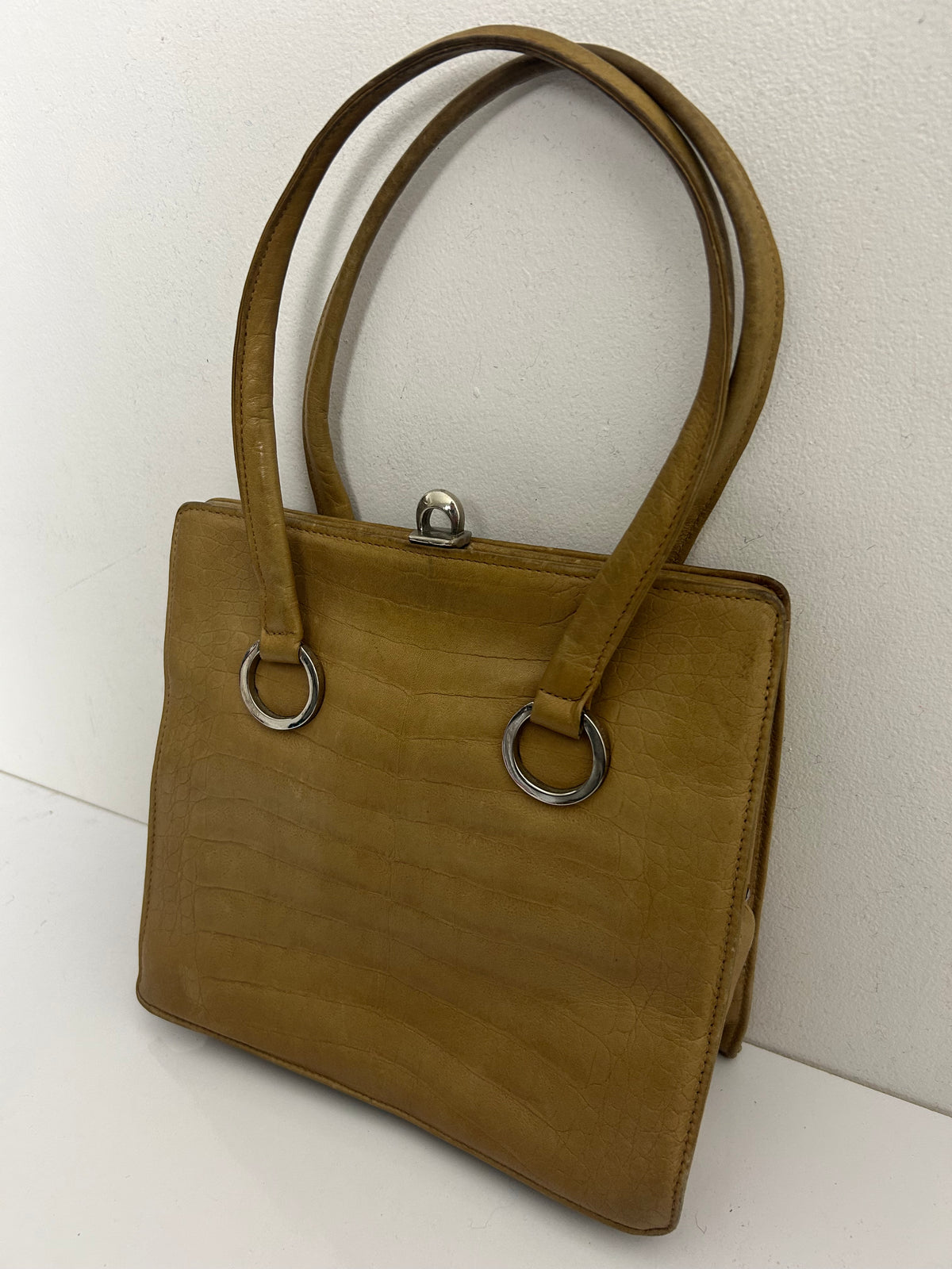 Vintage 50s 60s Beige Leather Double Top Handle Kelly Bag