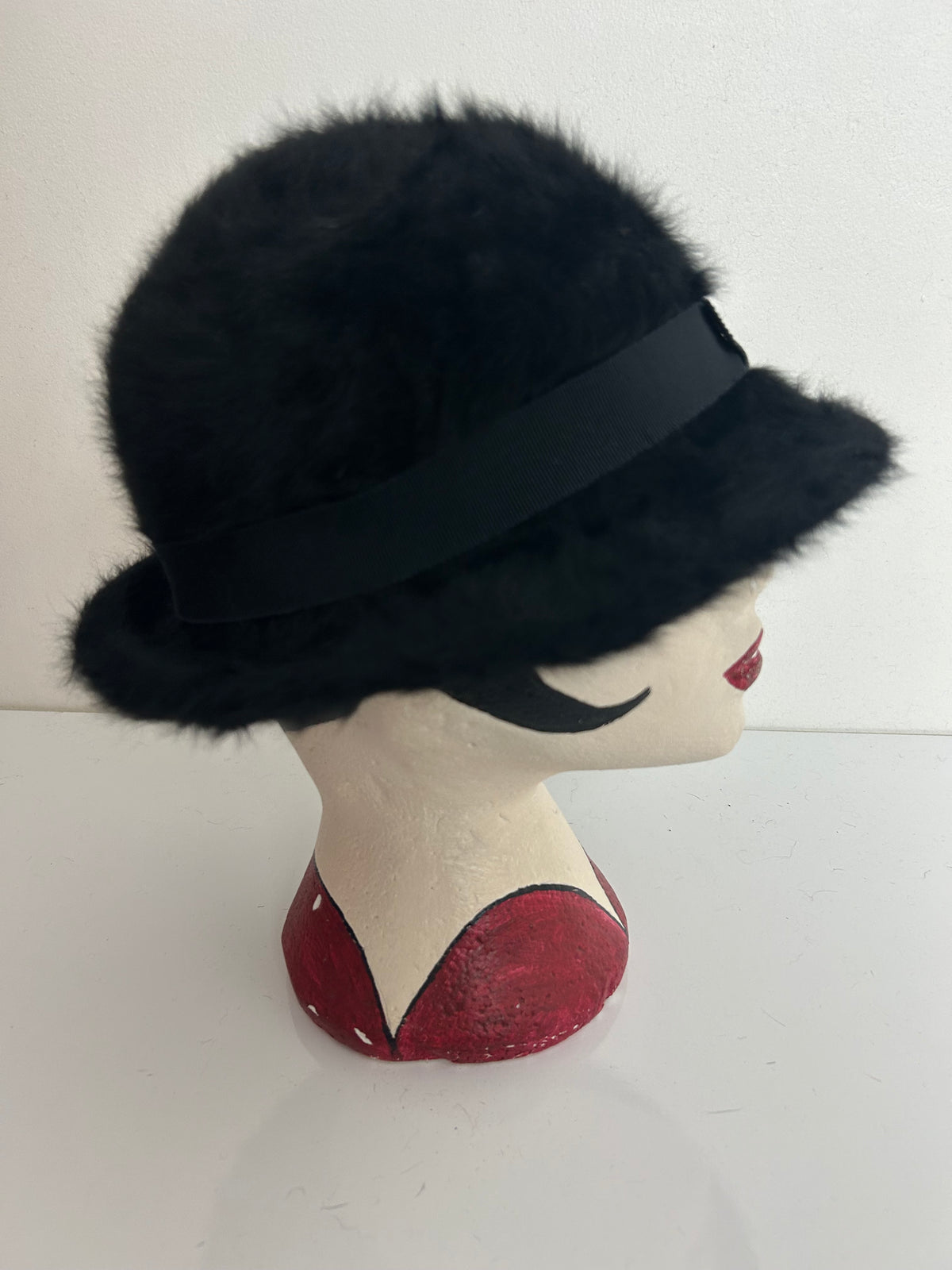 Vintage Black Angora Mix Bucket Style Hat With Grosgrain Trim