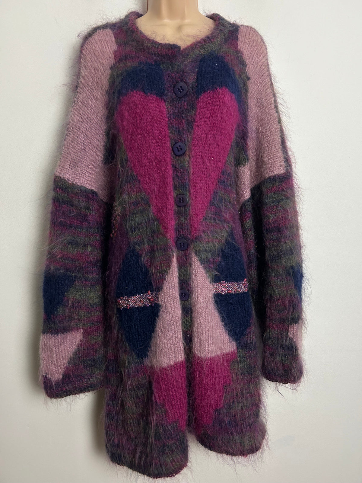 Vintage 1980s One Size Up To Size 16/18 Purple & Pink Tones Mohair Mix Longline Cardigan