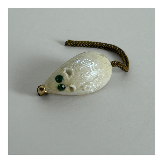 Vintage 1960s RARE Gold Tone & White Celluloid Tiny Mouse Brooch With Articulated Tail