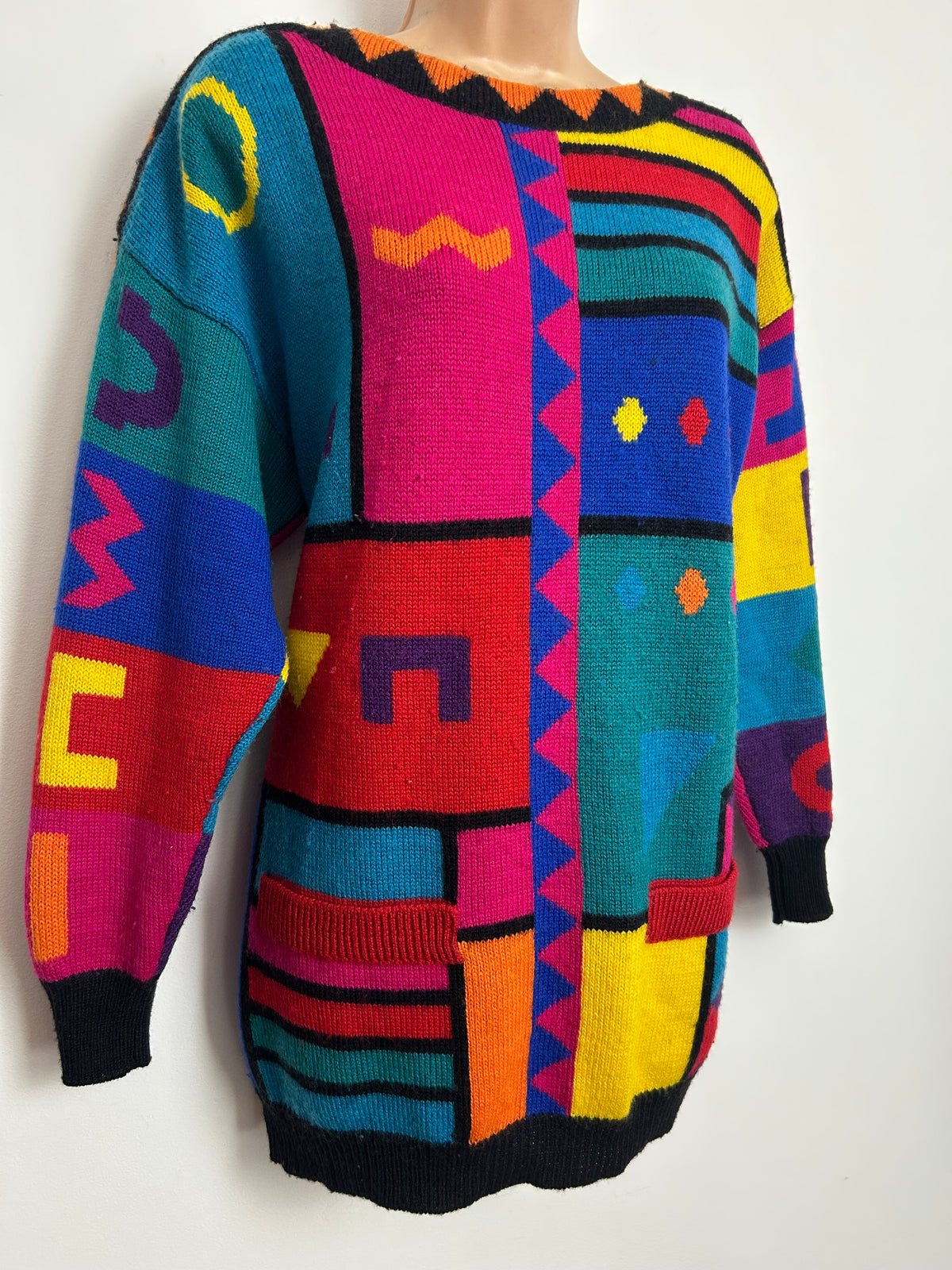 Vintage 1980s BIRDS OF Size 12-14 Bright Multicolour Abstract Geo Print Wool Mix Jumper