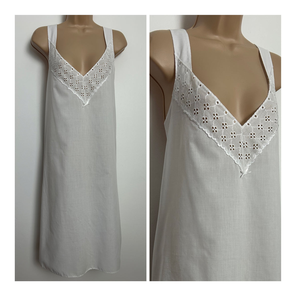 Vintage 1980s Size 14-16 White Cotton Mix Broderie Anglais Detail Nightdress