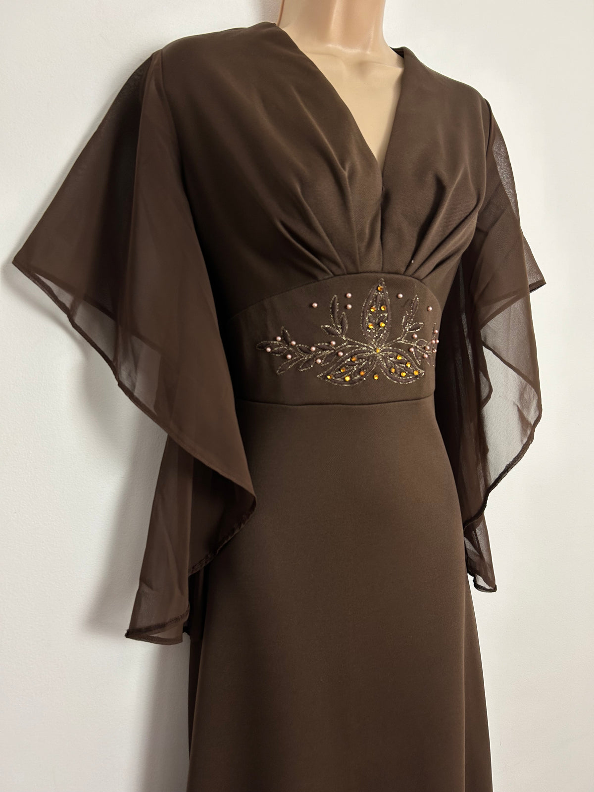 Vintage 1970s UK Size 12 Chocolate Brown Chiffon Flared Sleeve Stitch Bead & Diamante Embellished Occasion Maxi Dress