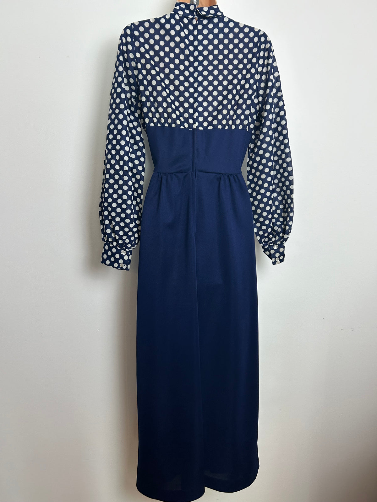 Vintage 1970s BARNABY Size 8 Navy Blue & White Polka Dot Pussy Bow Maxi Dress & Matching Waistcoat