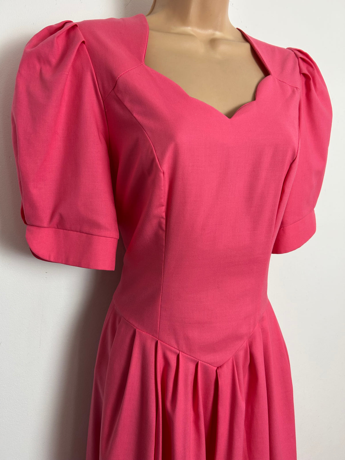 Vintage 1980s LAURA ASHLEY Size 10/12 (Size 14 On Label) Candy Pink 100% Cotton Scallop Neck Midi Dress