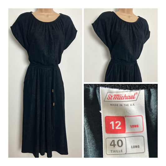 Vintage Early 1980s St MICHAEL Size 12 Black Soft Textured Short Sleeve Belted Day Dress
