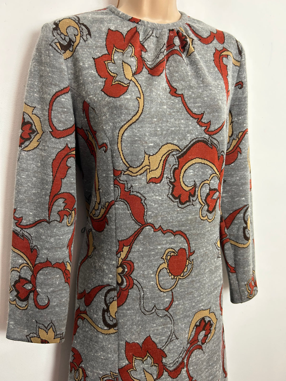 Vintage 1960s ST MICHAEL UK Size 14 Grey & Rusty Brown Abstract Print Wool Mix Mod Shift Dress