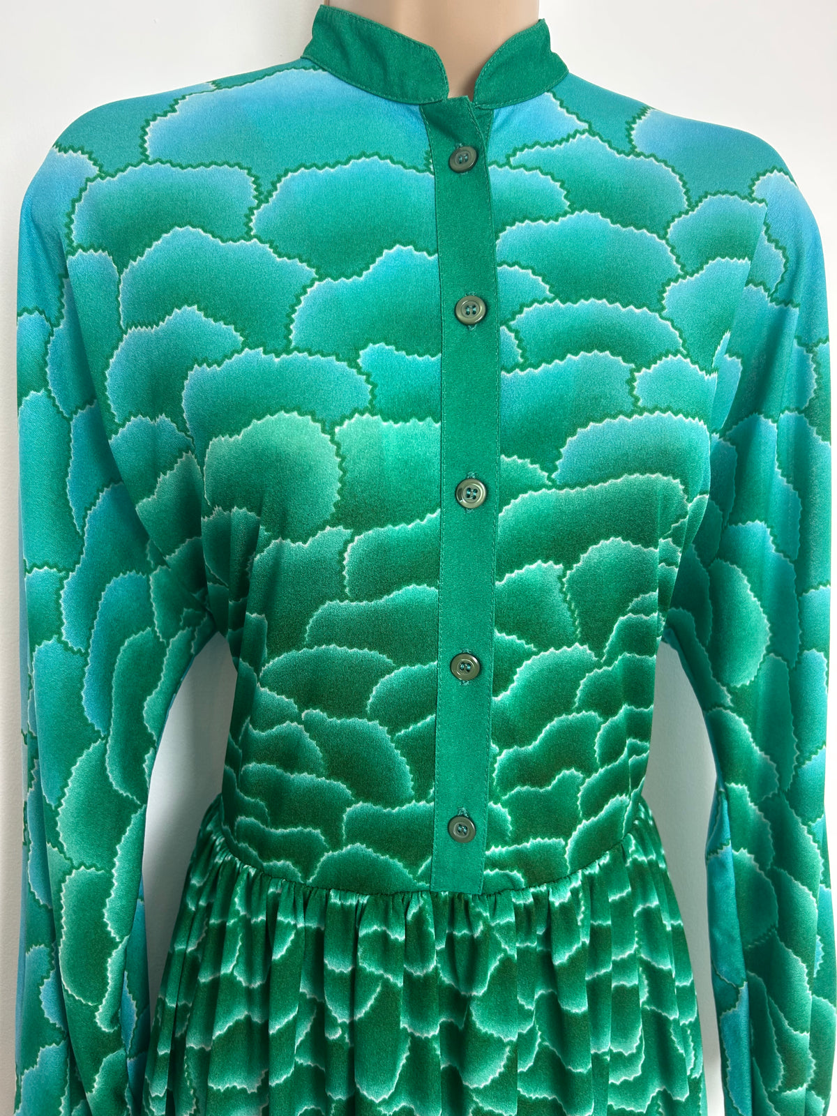 Vintage 1970s Size 12 Green & Blue Tones "Cloud" Effect Print Long Sleeve Day Dress
