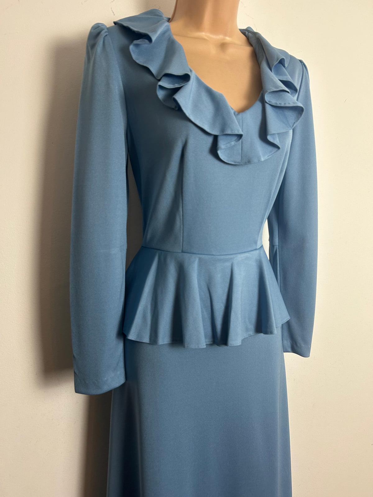 Vintage 1970s DEVONSHIRE LADY Size 8 Powder Blue Long Sleeve Peplum Maxi Dress