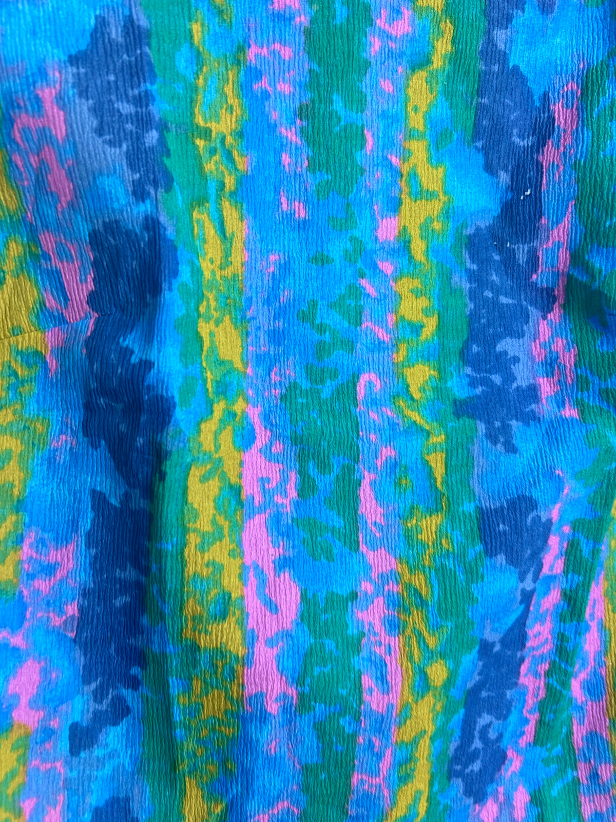 Vintage 1960s UK Size 12 Blue Green Pink & Yellow Abstract Print Rolled Collar Sleeveless Top