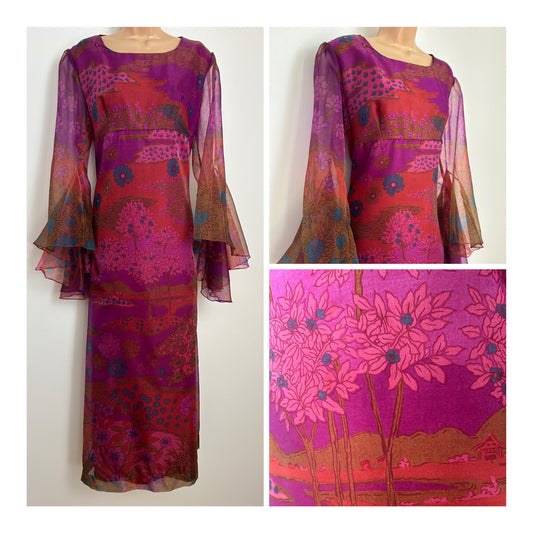 Vintage Early 1970s JOHN NEVILLE Size 16 Pink & Purple Tones Japanese Blossom & Pagoda Print Flared Cuff Maxi Dress