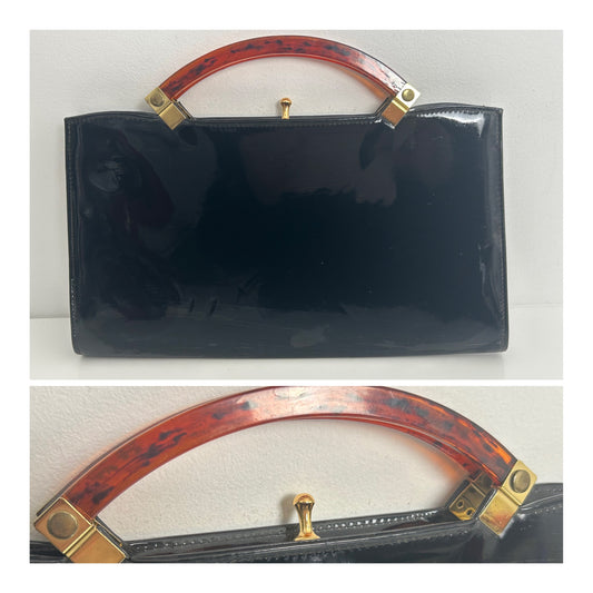 Vintage 1960s ESSELL Fabulous Black Patent Tortoiseshell Handles rectangular Handbag