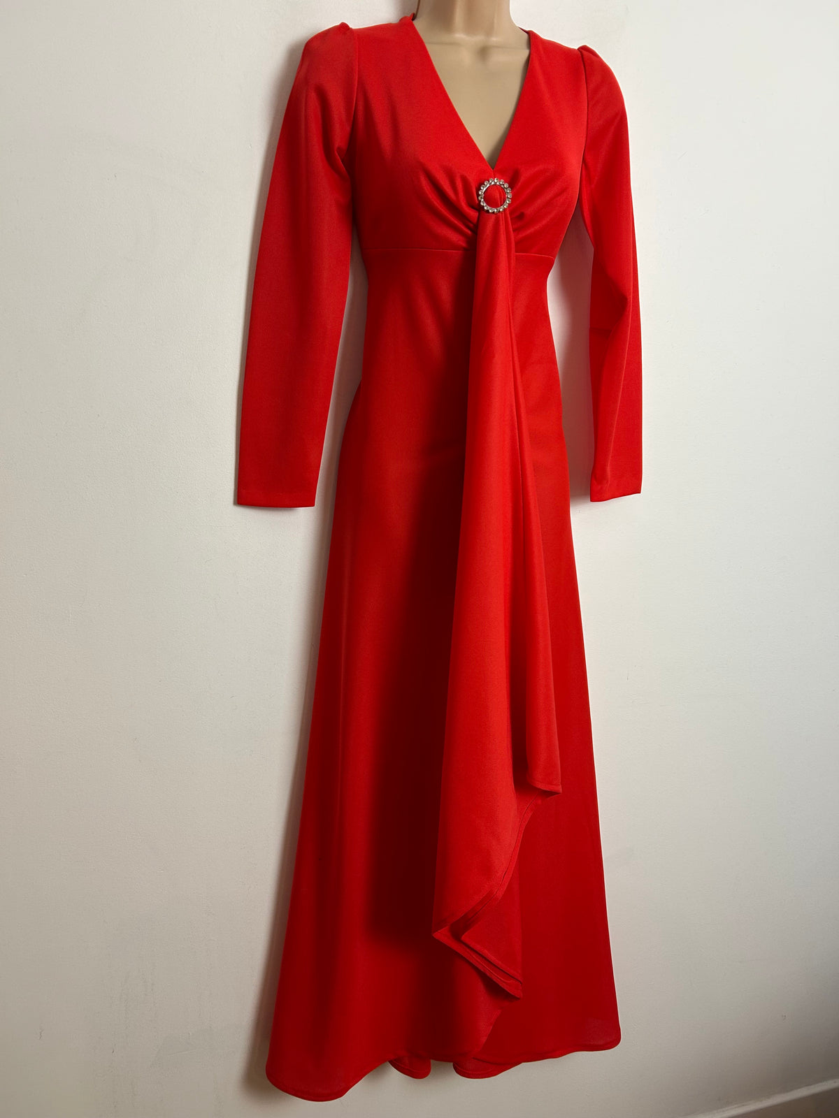 Vintage 1970s UK Size 8 Red Drape Front Long Sleeve Occasion Evening Maxi Dress