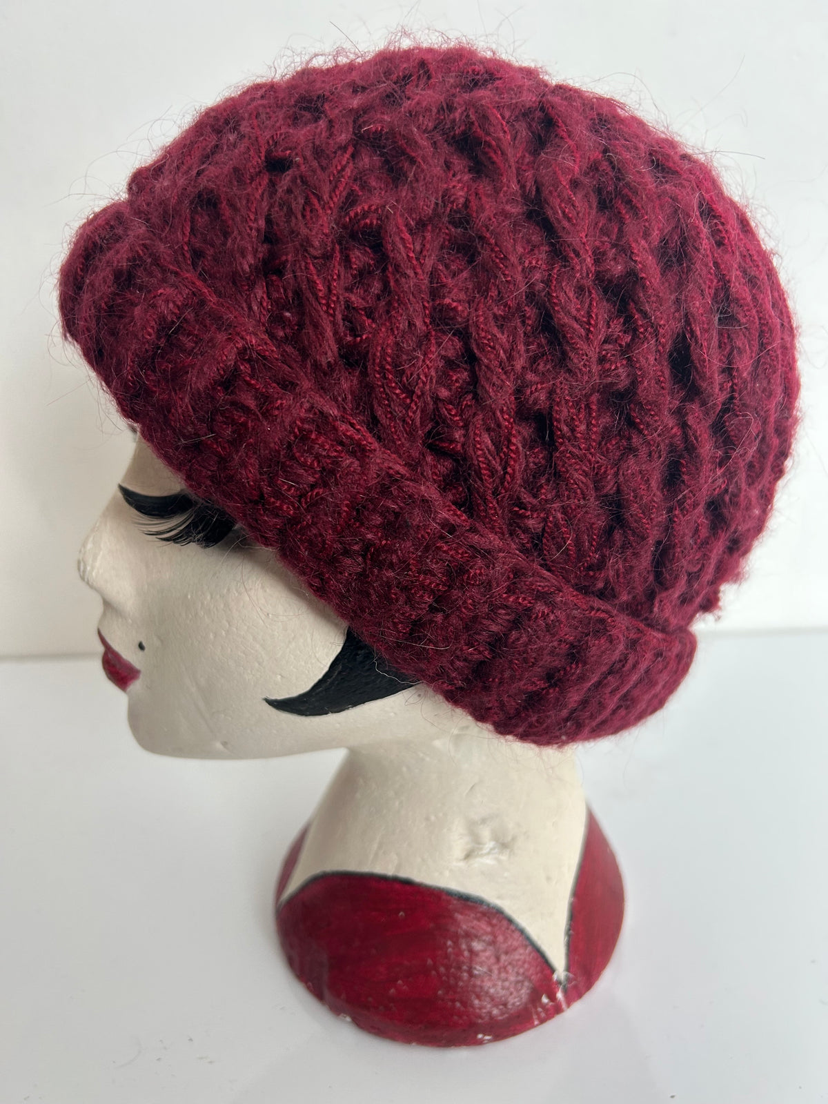Vintage Italian Burgundy Chunky Knit Angora & Wool Mix Beanie Hat