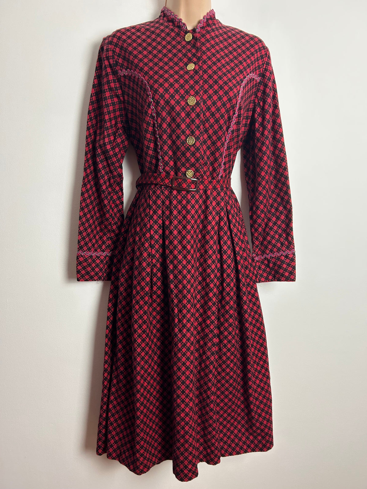 Vintage 1950s Size 12 Red & Black Check Braid Trim Long Sleeve Belted Folk Style Dress