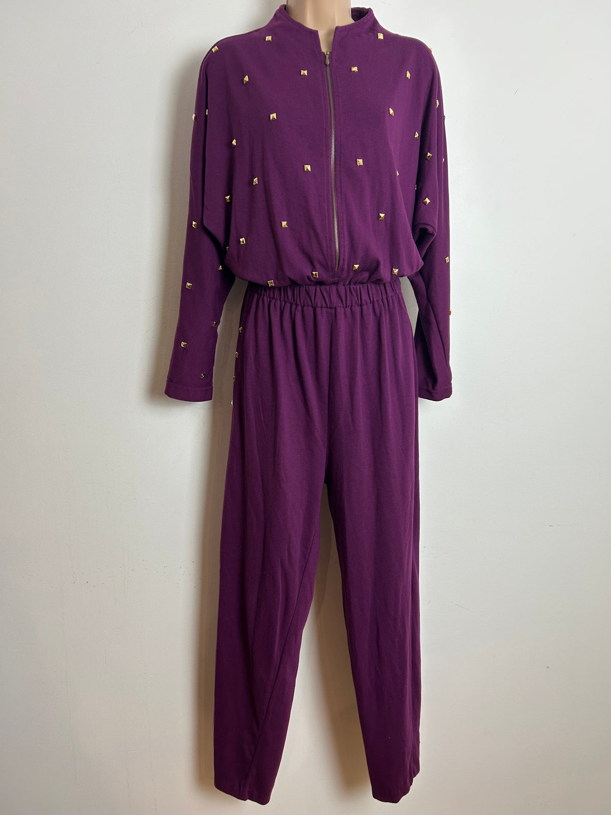 Vintage 1980s STYLES TO GO Size 10-12 Purple Jersey Stud Detail Zip Fronted Casual Jumpsuit