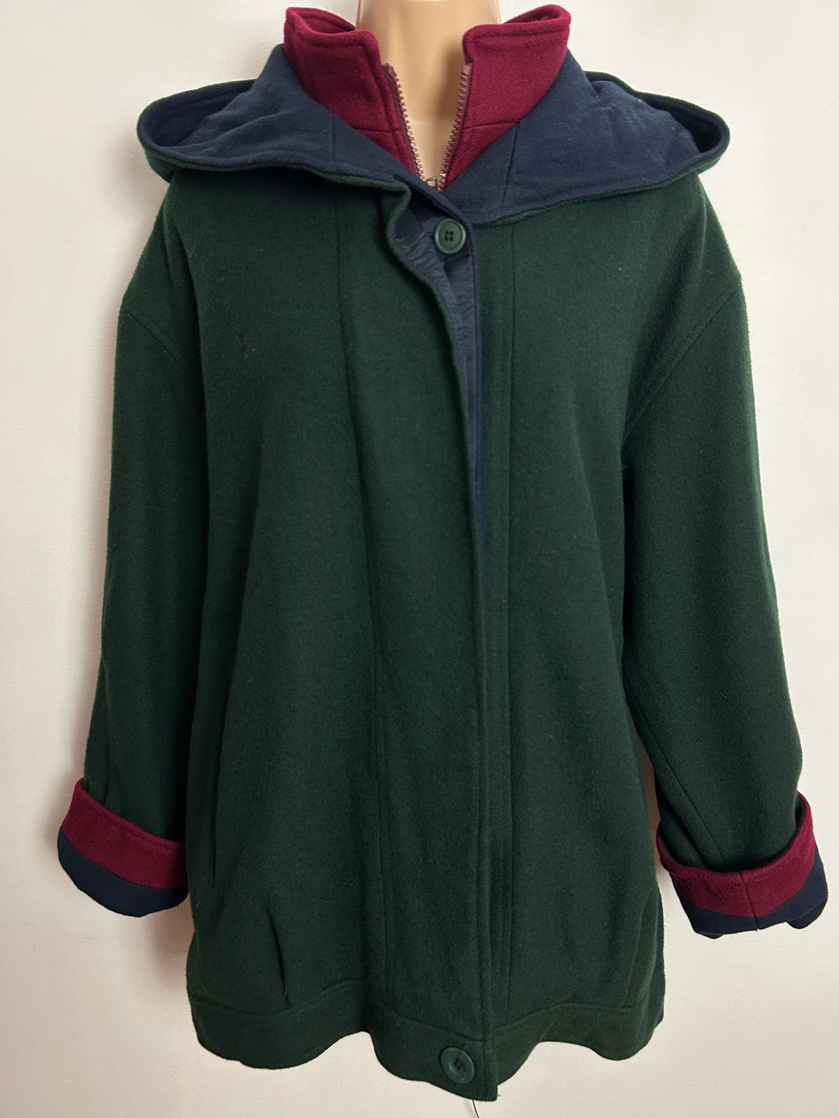 Vintage 1980s HERMAN KAY PETITES Up To Size 14-16 Dark Green Red & Navy Wool Blend Hooded Jacket
