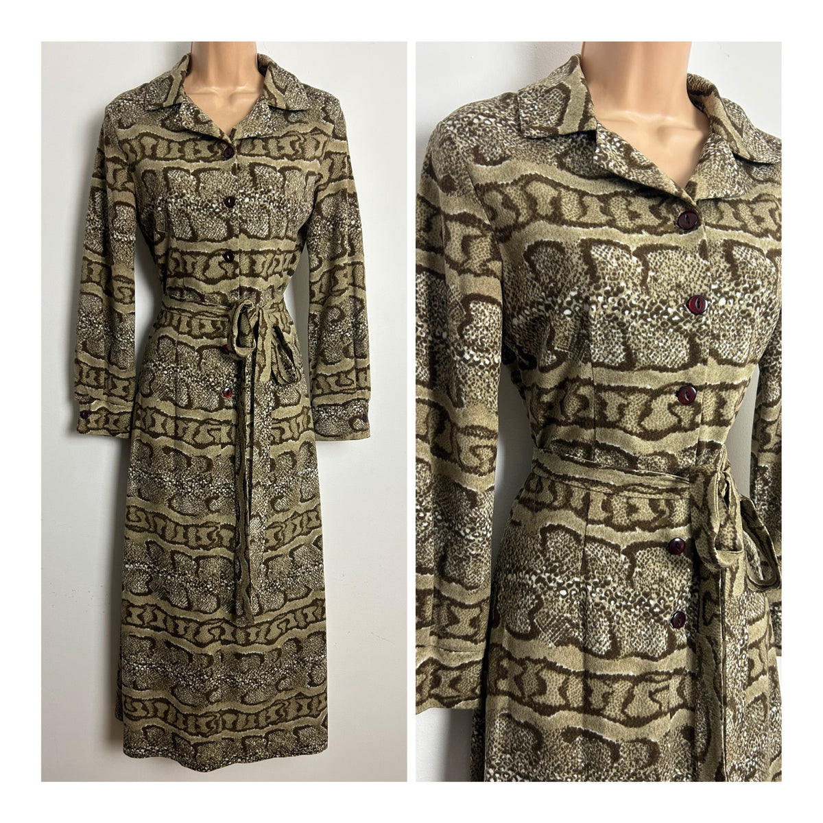 Vintage 1970s PETER SAUNDERS AVON TWEEDS Size 6-8 Brown Tones Snake Skin Print Belted Jersey Day Dress