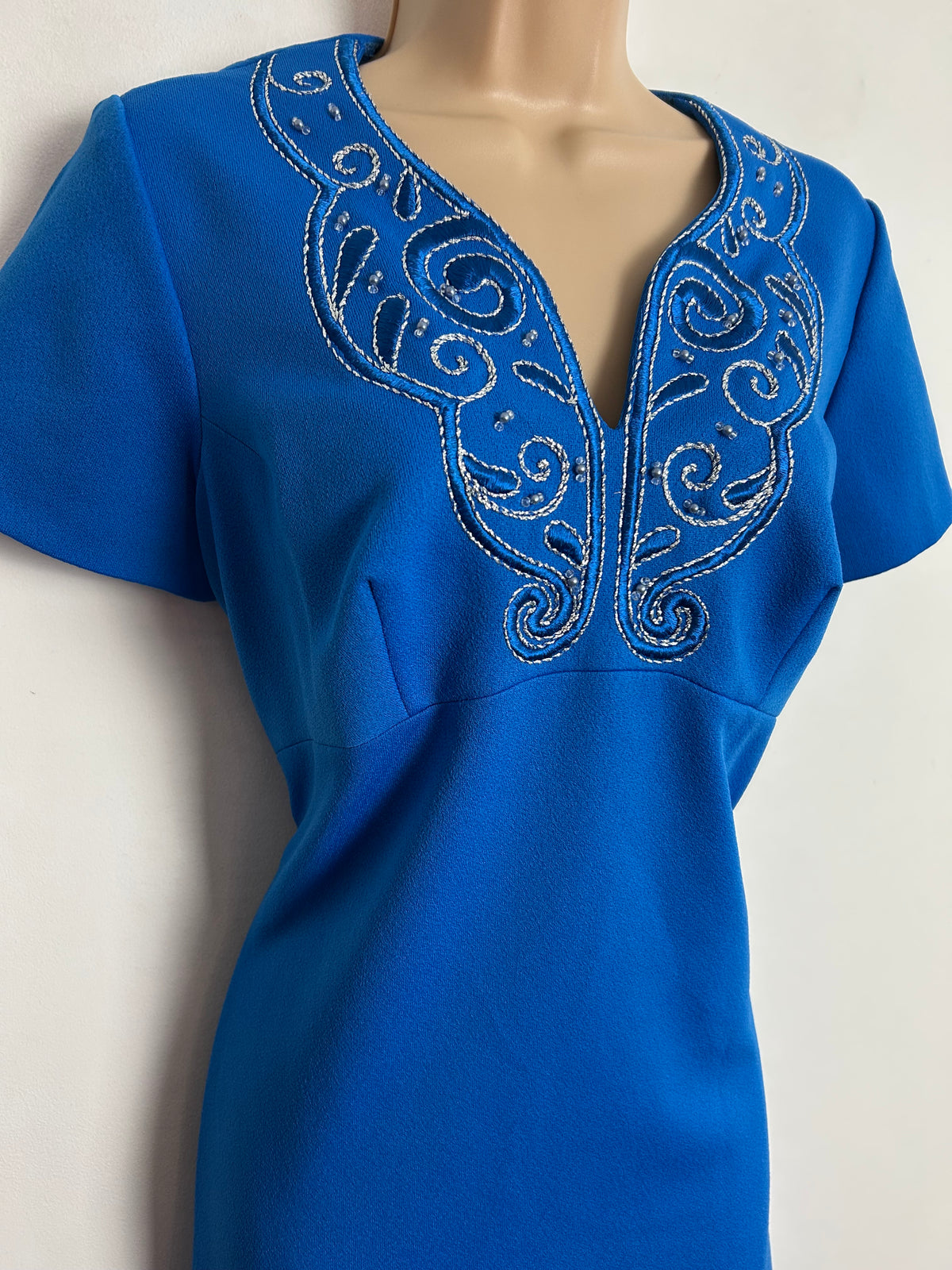 Vintage 1960s UK Size 14 Royal Blue & Silver Embroidered & Bead Detail Occasion Evening Maxi Dress