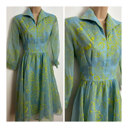 Vintage 1950s RARE JULIAN FRANCES ORIGINAL Size 10 Blue & Chartreuse Floral Flock Pattern Chiffon Dress