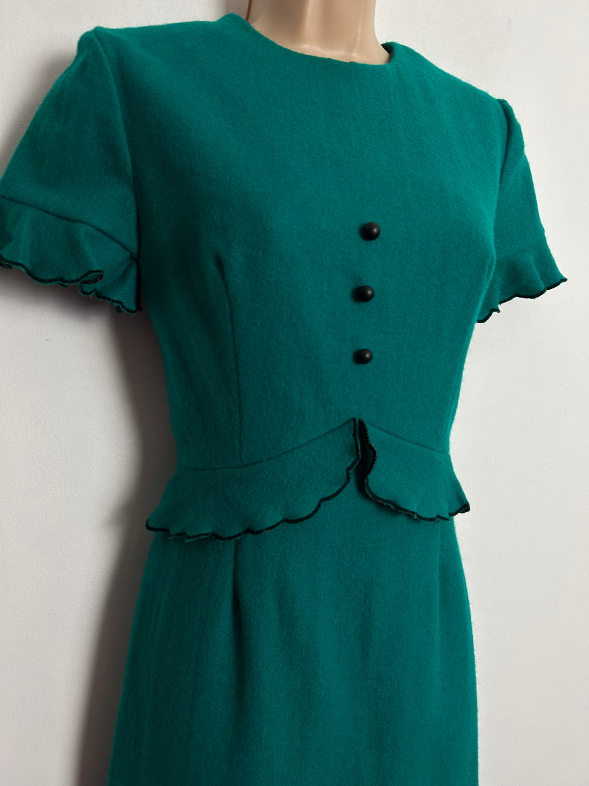 Vintage 1960s UK Size 8 Teal Green Pure Wool Peplum Fitted Mod Dress