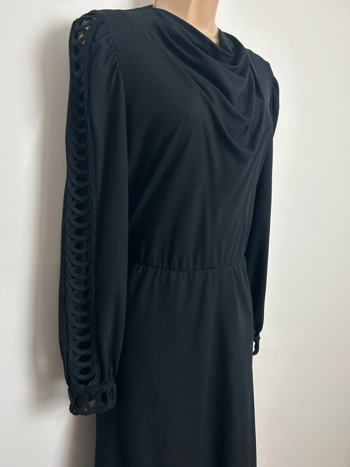 Vintage 1980s FRANKENWALDER Size 12 Black Cowl Neck Cut Out Ladder Sleeve Dress