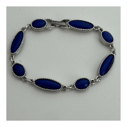 Vintage 1960s SARAH COVENTRY Silver Tone & Blue Cabochon Glass Stone Set Bracelet