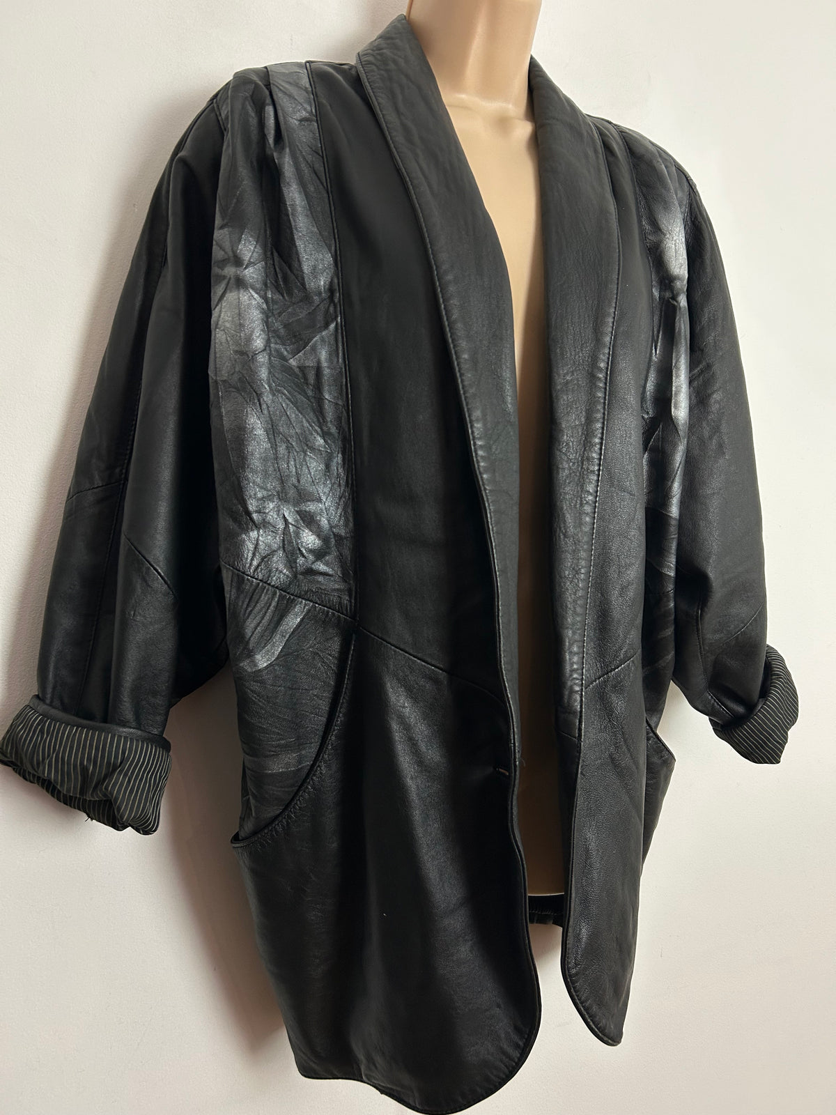 Vintage 1980s CABRINI Up To Size 14 Black & Silver Pattern Open Fronted Leather Jacket