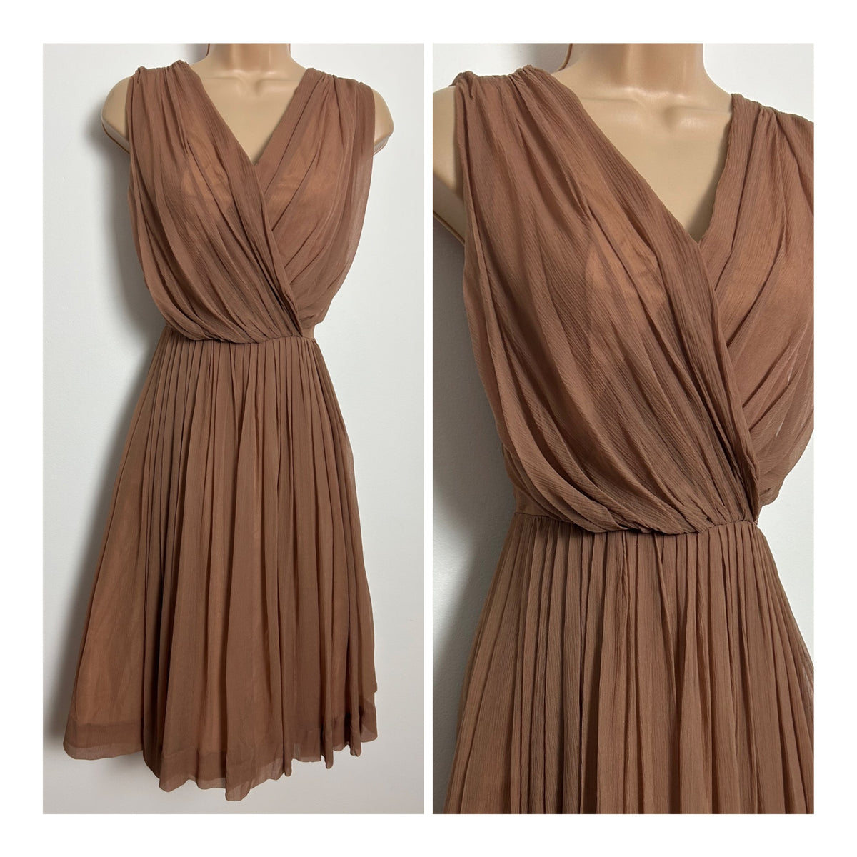 Vintage Early 1960s KITTY COPELAND Size 8 Caramel Brown Crepe Chiffon Occasion Party Dress