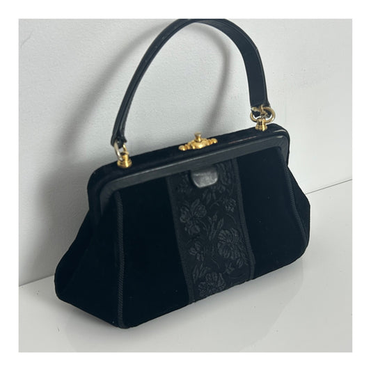 Vintage 1950s Beautiful Black Velvet & Floral Embroidered Bow Bottom Cocktail Evening Bag