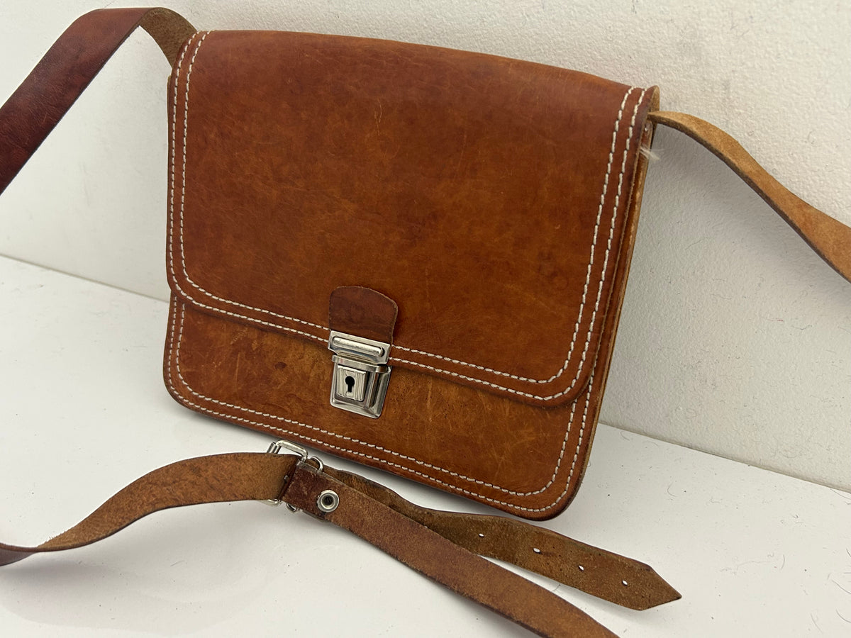 Vintage 1970s Small Tan Brown Mini Satchel Cross Body Bag
