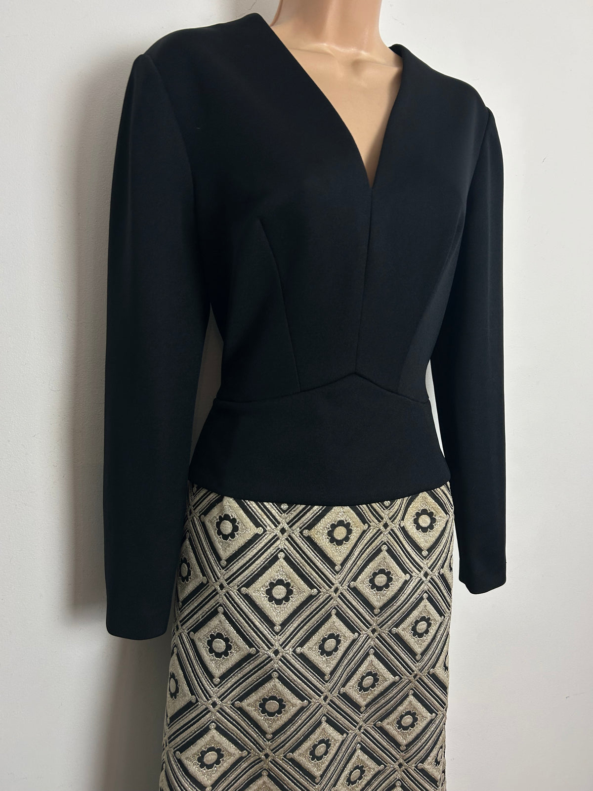 Vintage 1960s CARNEIGIE OF LONDON Size 12 Black & Metallic Gold Peplum Occasion Evening Maxi Dress