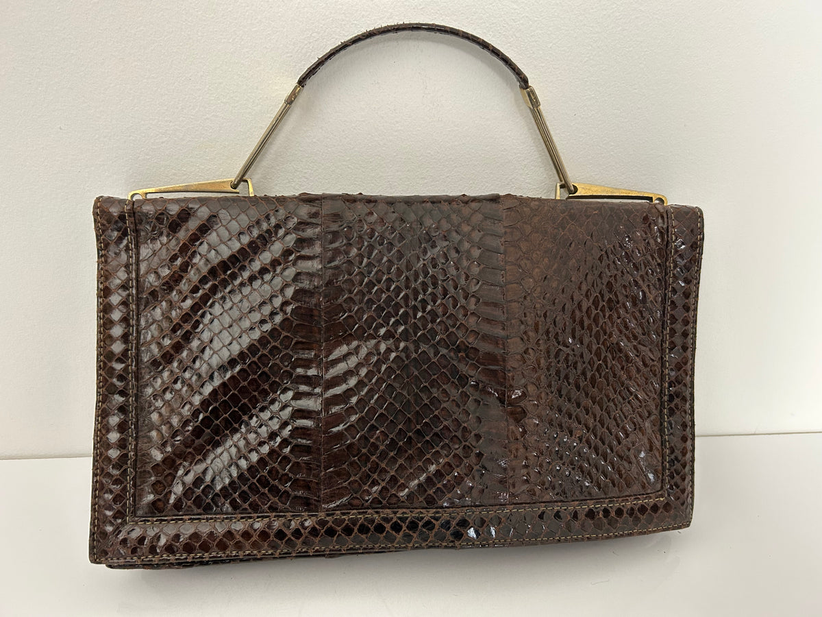 Vintage 1970s Italian Brown Reptile Leather Handbag With Removable Shoulder Strap