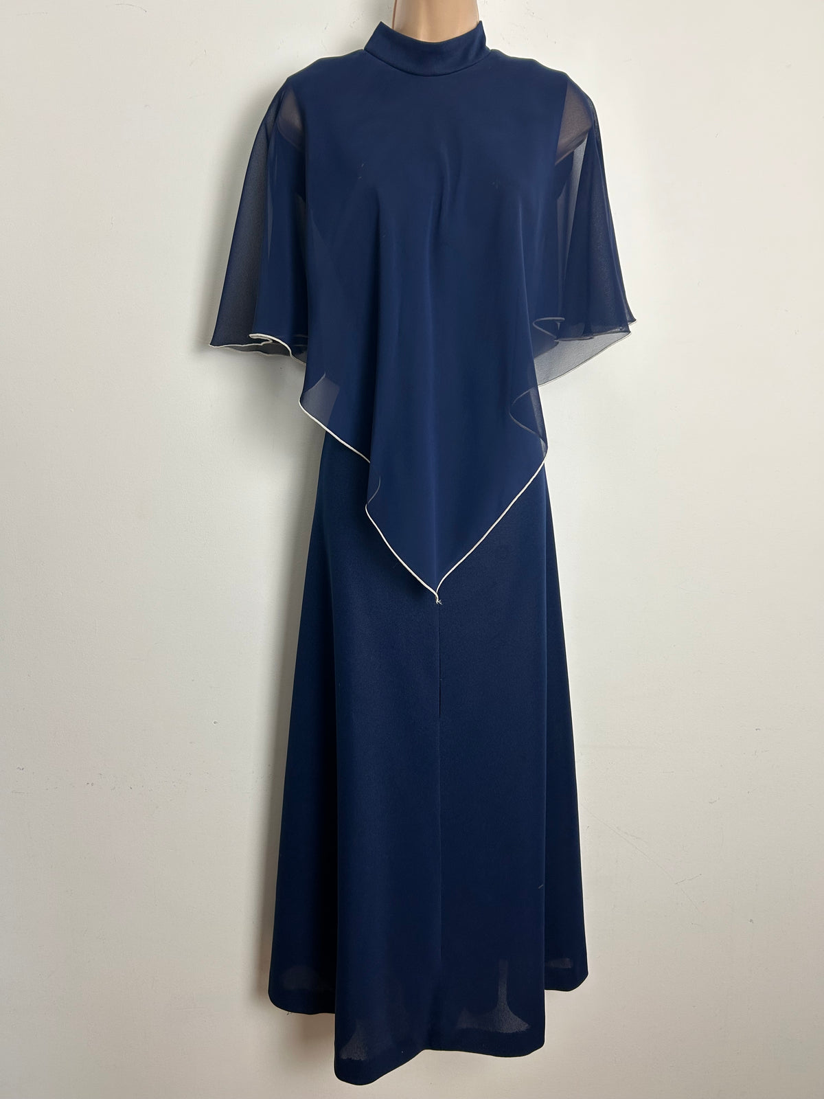 Vintage 1970s Size 10 Navy Blue Capelet Cape Sleeve Layered Boho Maxi Dress