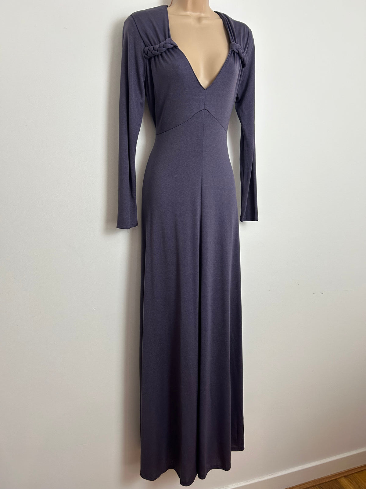 Vintage 1970s SHELANA Size 12 Mauve Grey Long Sleeve Plaited Detail Long Sleeve Maxi Dress