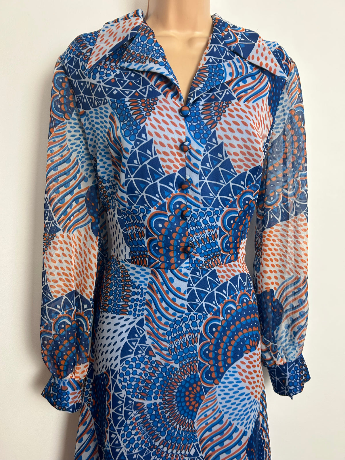 Vintage 1970s 14 Blue & Orange Abstract Print Dagger Collar Long Sleeve Chiffon Maxi Dress