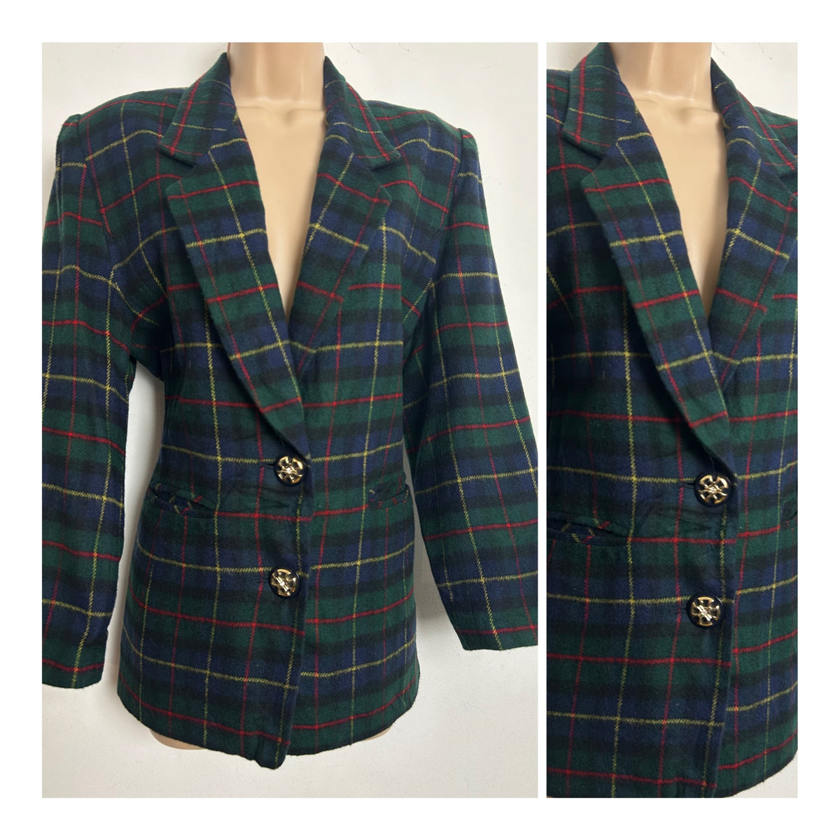 Vintage 1980s Size 12-14 SUPREME Dark Green Tartan Check Wool Mix Blazer