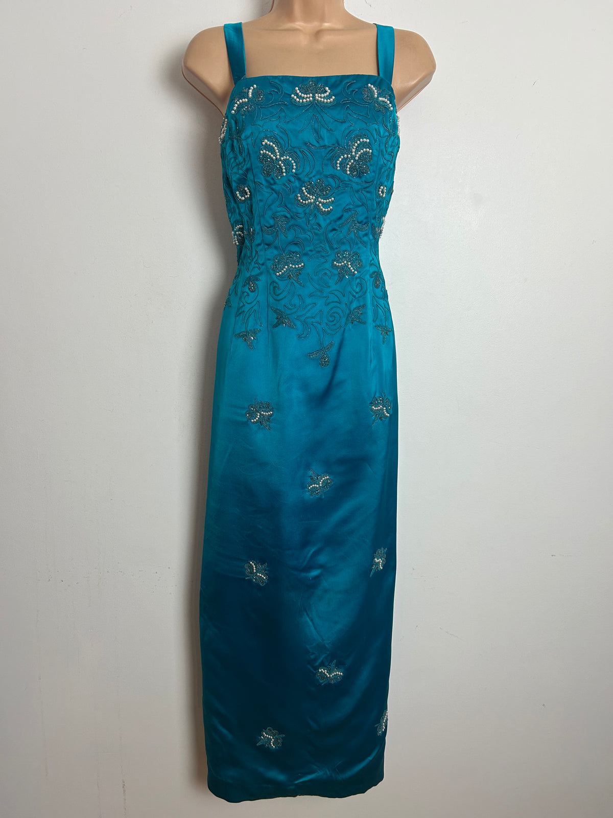 Vintage 1950s RICCI MICHAELS Size 10 Dark Turquoise Embroidered & Peal Bead Embellished Occasion Dress